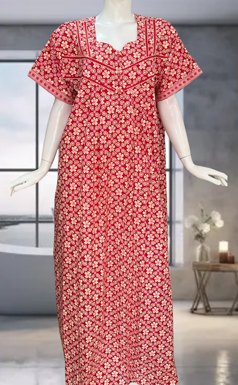 Red Floral Pure Cotton Nighty. Pure Durable Cotton | Laces and Frills