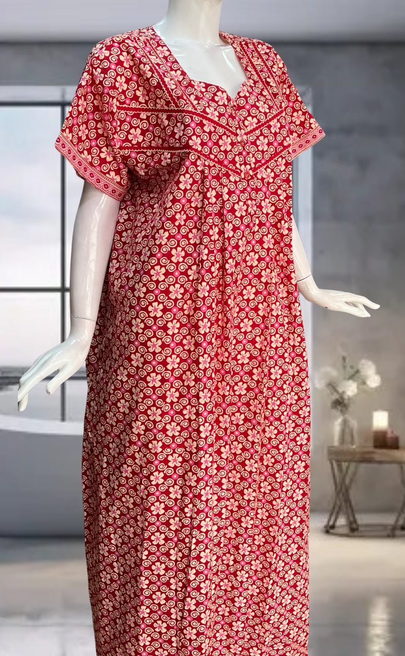 Red Floral Pure Cotton Nighty. Pure Durable Cotton | Laces and Frills