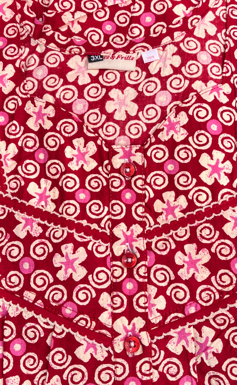 Red Floral Pure Cotton Nighty. Pure Durable Cotton | Laces and Frills