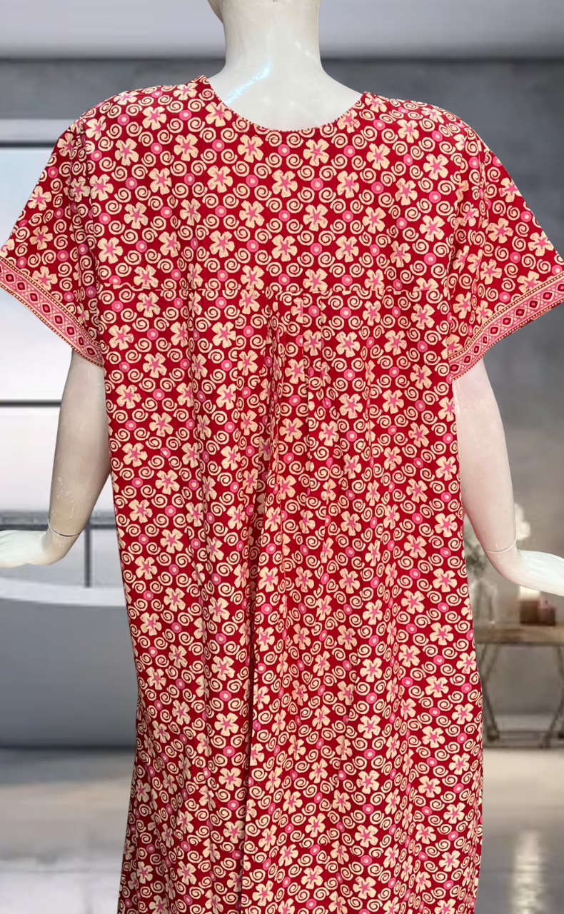 Red Floral Pure Cotton Nighty. Pure Durable Cotton | Laces and Frills