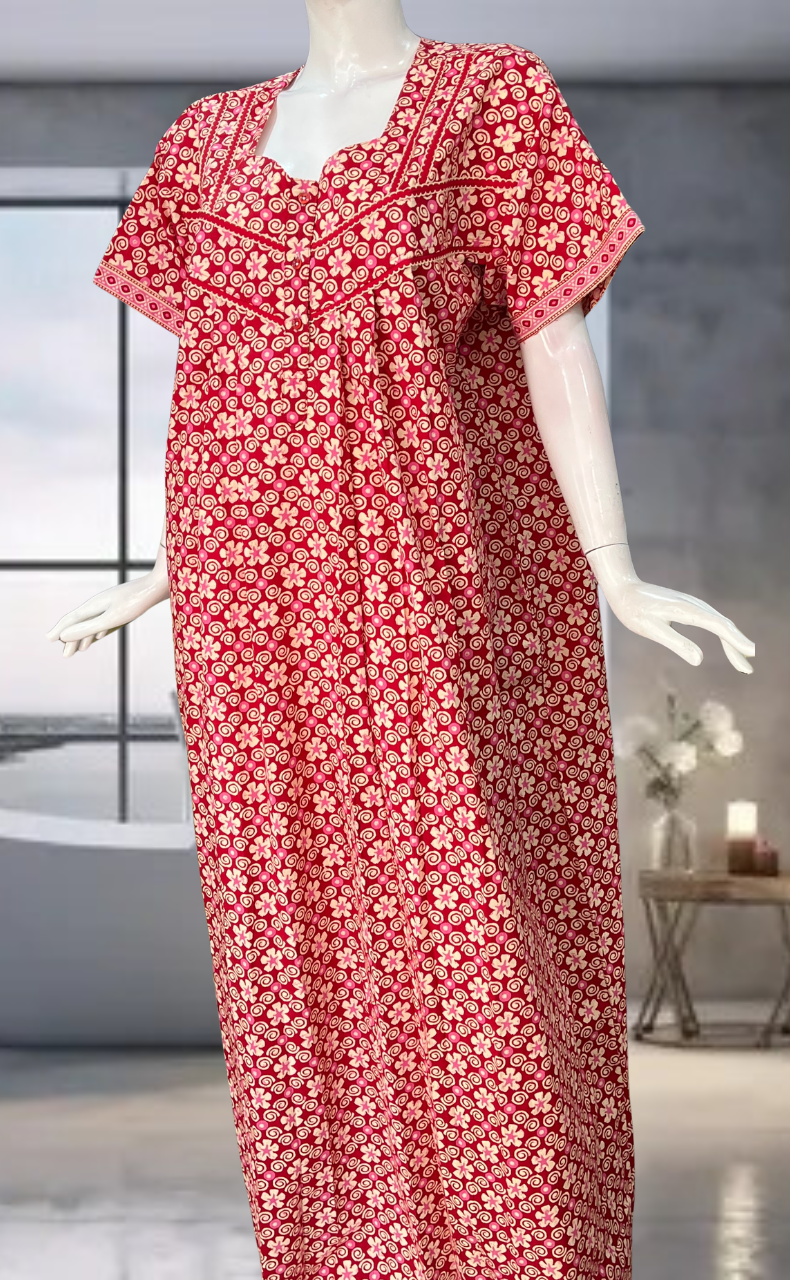 Red Floral Pure Cotton Nighty. Pure Durable Cotton | Laces and Frills