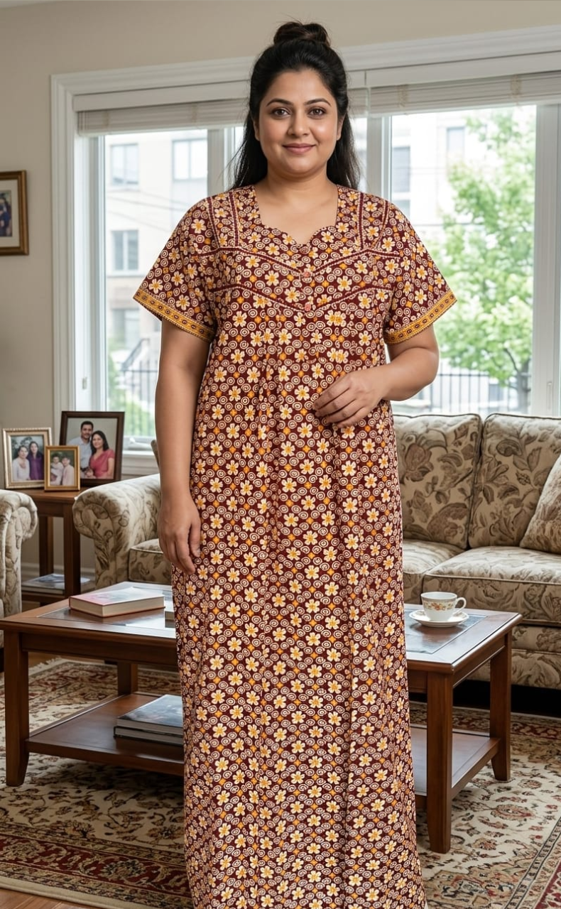 Maroon Floral Pure Cotton Nighty. Pure Durable Cotton | Laces and Frills