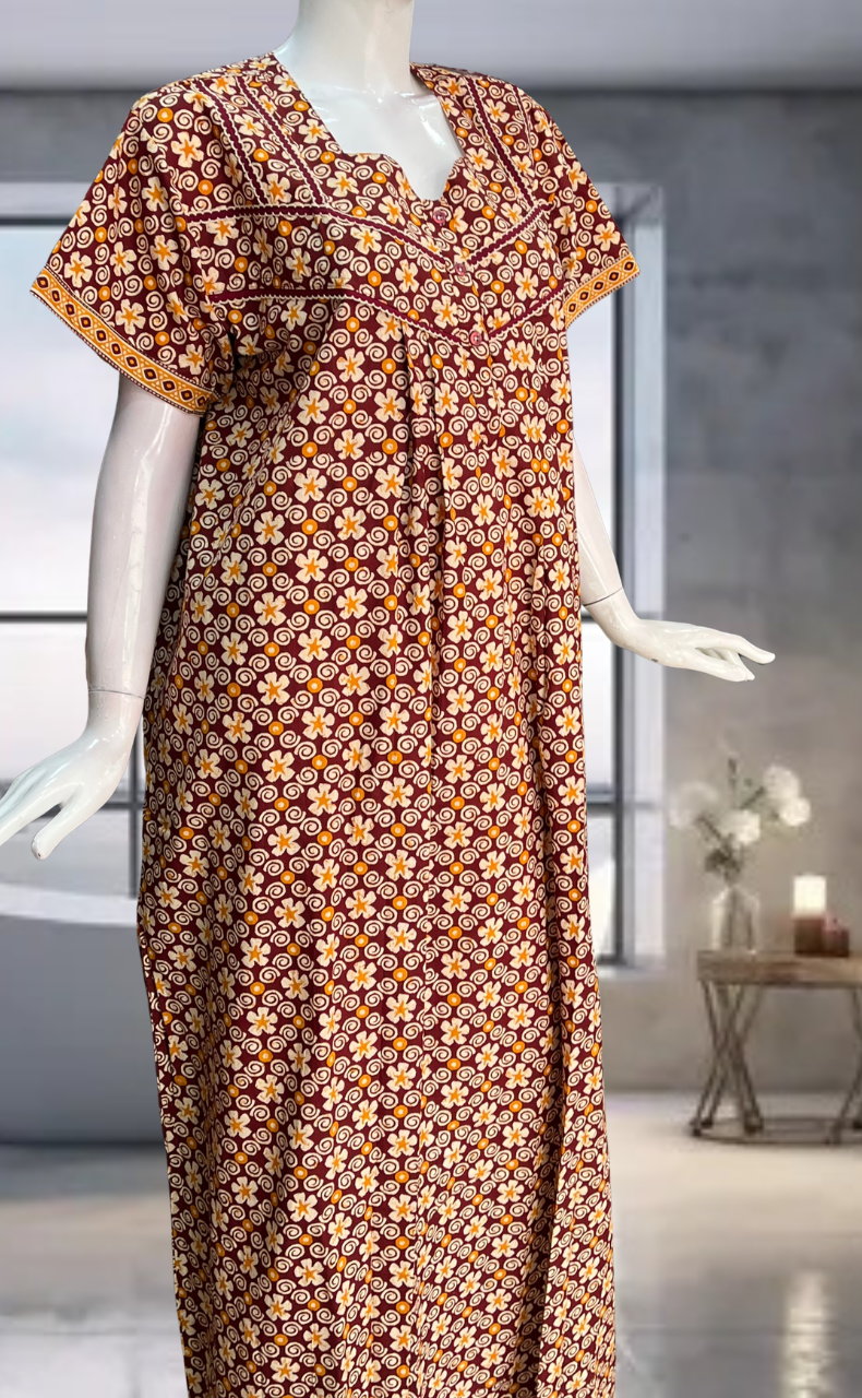 Maroon Floral Pure Cotton Nighty. Pure Durable Cotton | Laces and Frills