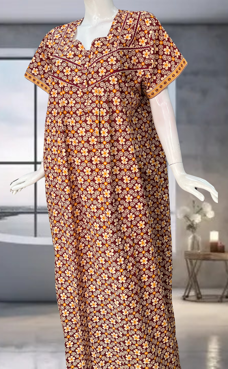 Maroon Floral Pure Cotton Nighty. Pure Durable Cotton | Laces and Frills