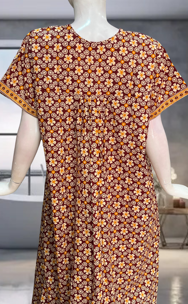 Maroon Floral Pure Cotton Nighty. Pure Durable Cotton | Laces and Frills