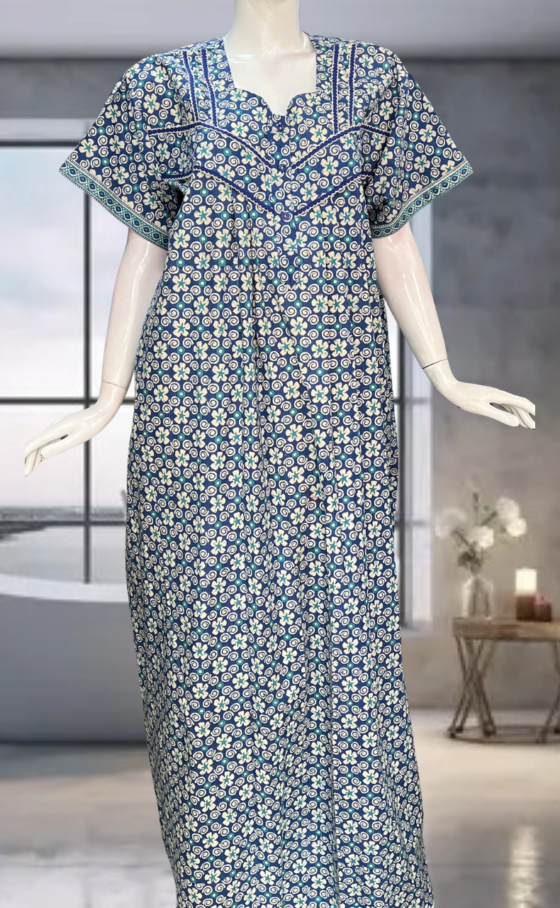 Blue Floral Pure Cotton Nighty. Pure Durable Cotton | Laces and Frills