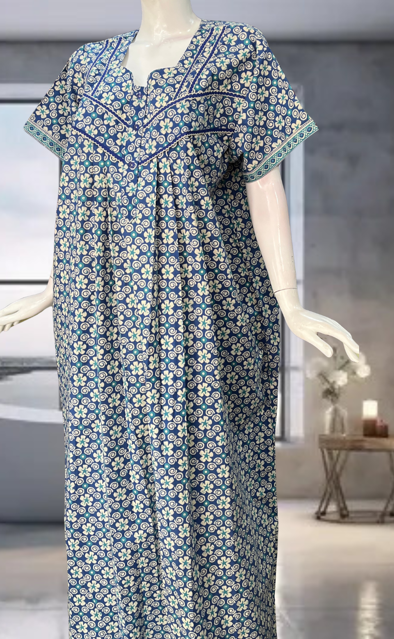 Blue Floral Pure Cotton Nighty. Pure Durable Cotton | Laces and Frills
