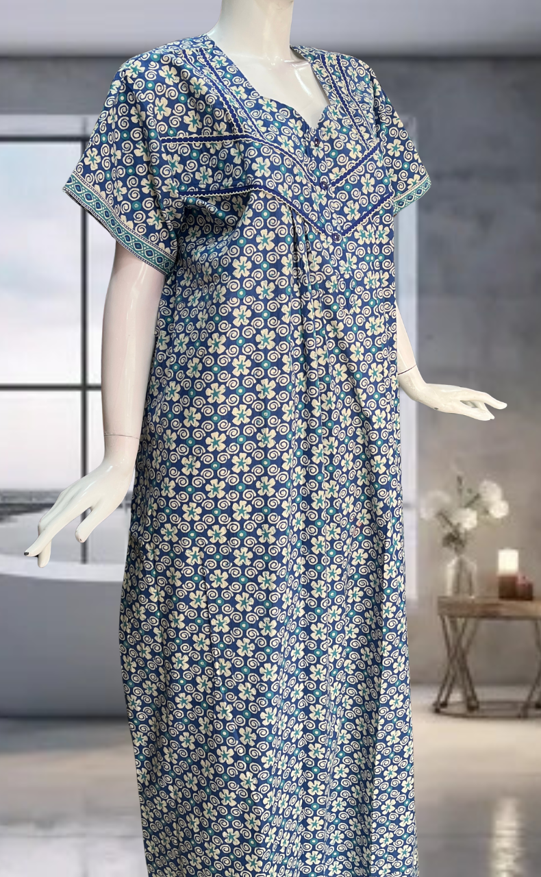 Blue Floral Pure Cotton Nighty. Pure Durable Cotton | Laces and Frills