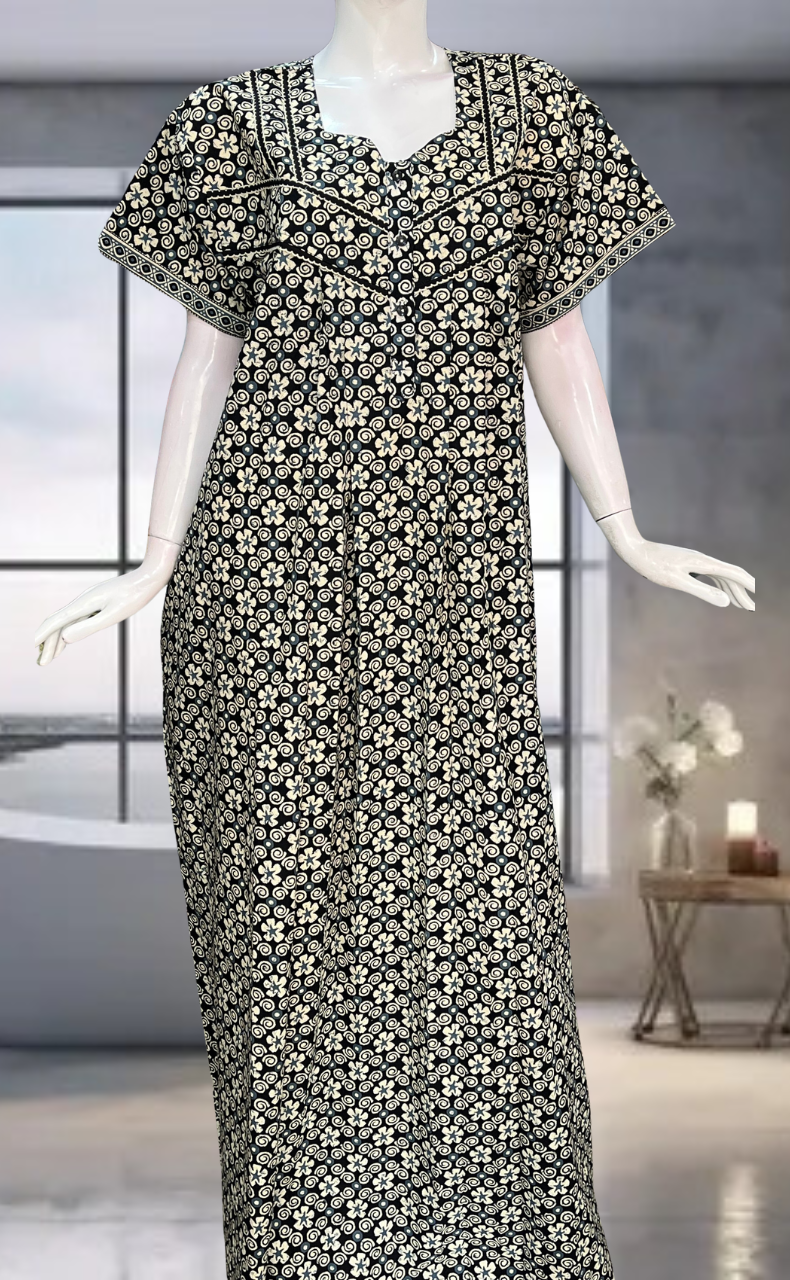 Black Floral Pure Cotton Nighty. Pure Durable Cotton | Laces and Frills