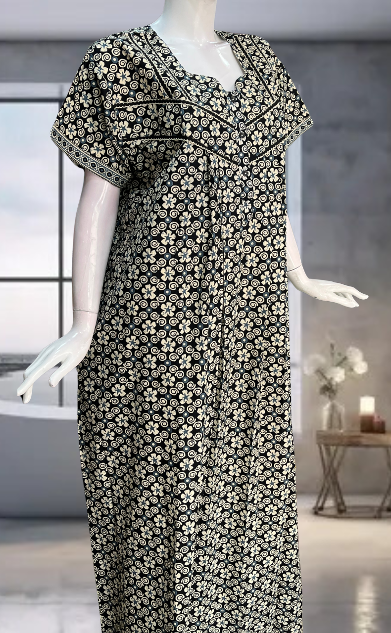 Black Floral Pure Cotton Nighty. Pure Durable Cotton | Laces and Frills