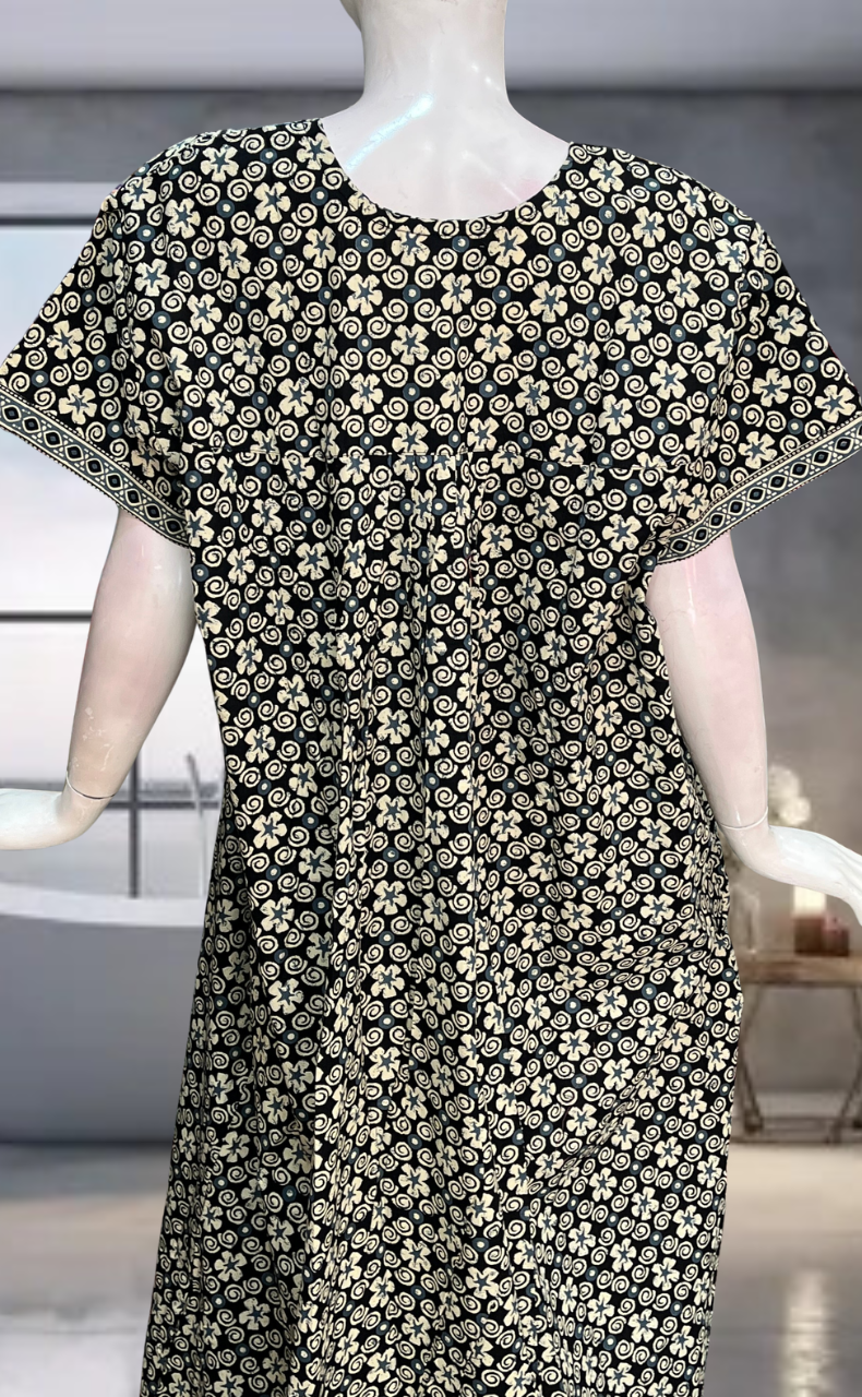 Black Floral Pure Cotton Nighty. Pure Durable Cotton | Laces and Frills