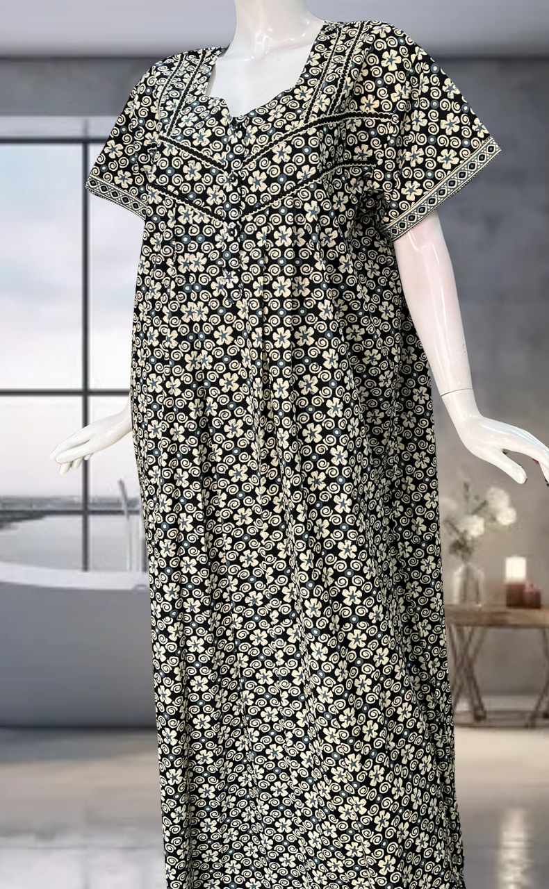 Black Floral Pure Cotton Nighty. Pure Durable Cotton | Laces and Frills