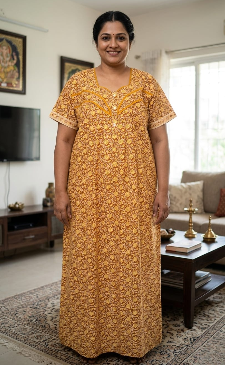 Yellow Garden Pure Cotton Nighty. Pure Durable Cotton | Laces and Frills
