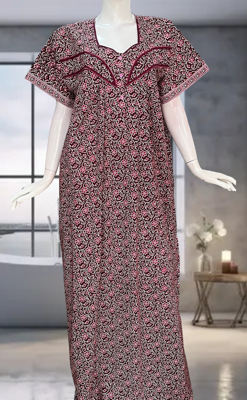 Maroon Garden Pure Cotton Nighty. Pure Durable Cotton | Laces and Frills