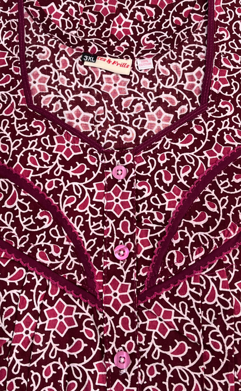 Maroon Garden Pure Cotton Nighty. Pure Durable Cotton | Laces and Frills