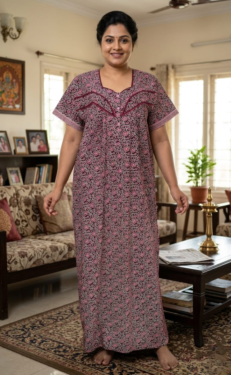 Maroon Garden Pure Cotton Nighty. Pure Durable Cotton | Laces and Frills