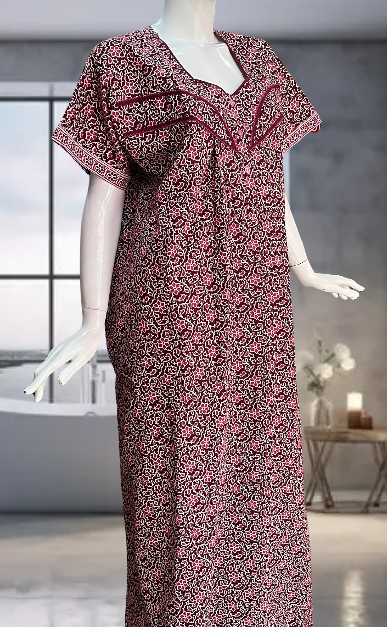 Maroon Garden Pure Cotton Nighty. Pure Durable Cotton | Laces and Frills