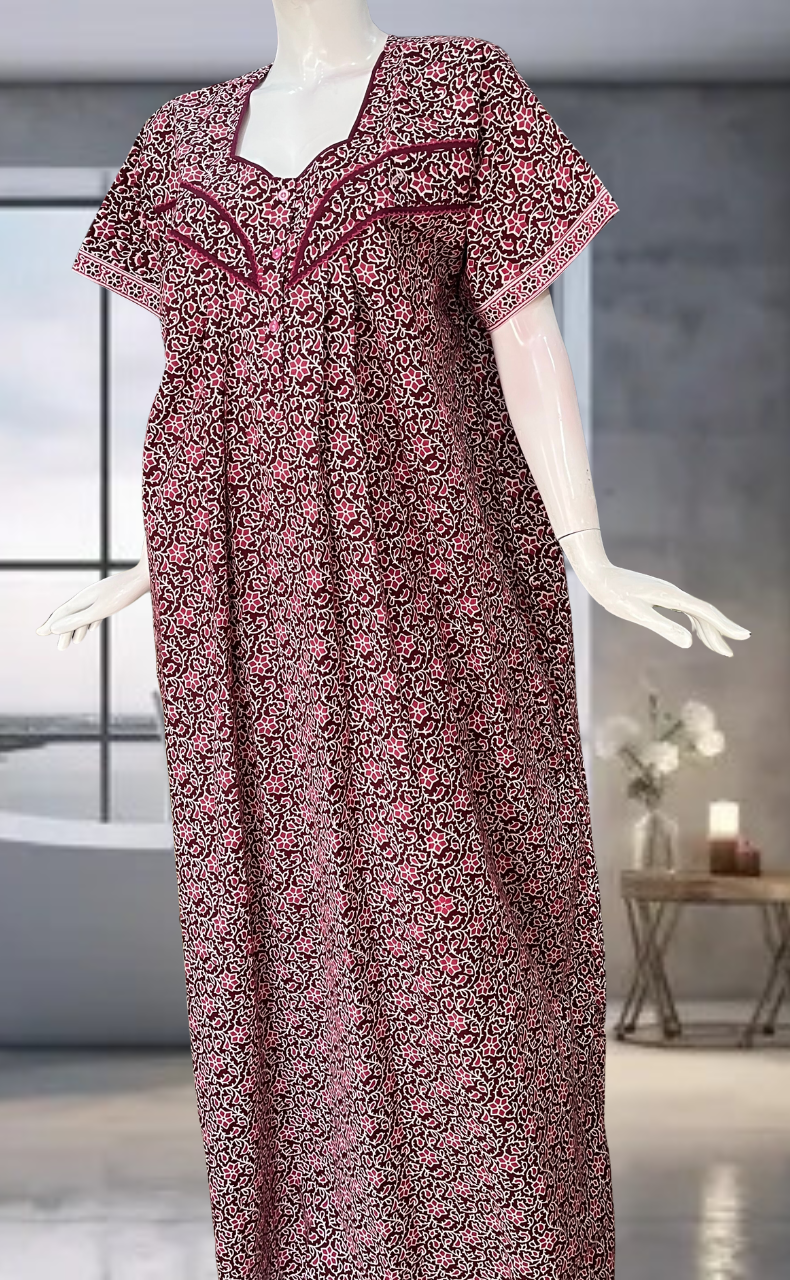 Maroon Garden Pure Cotton Nighty. Pure Durable Cotton | Laces and Frills