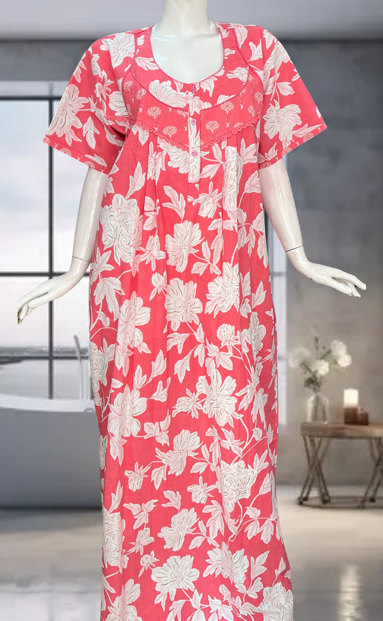 Peach Floral Pure Cotton Nighty. Pure Durable Cotton | Laces and Frills