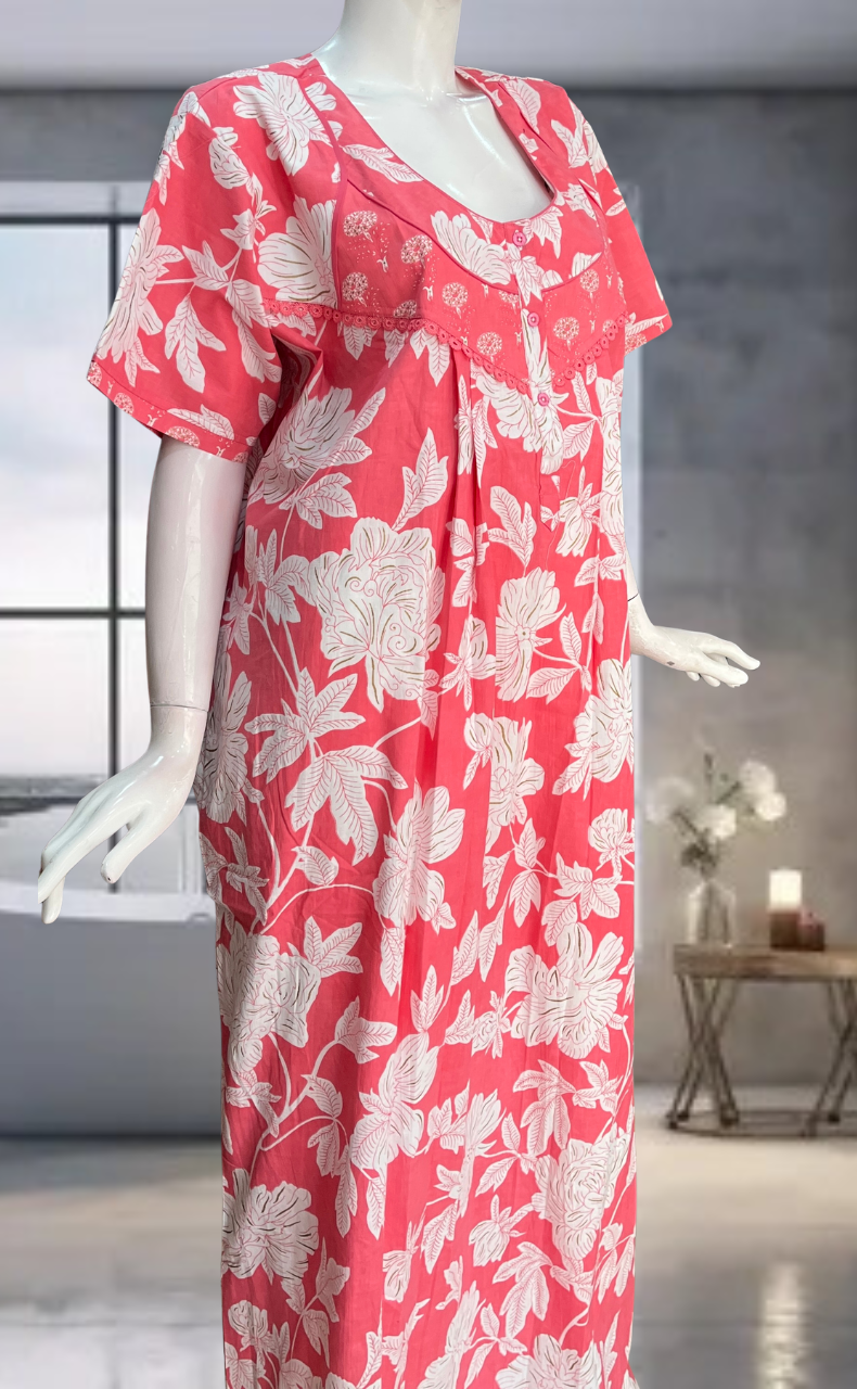 Peach Floral Pure Cotton Nighty. Pure Durable Cotton | Laces and Frills