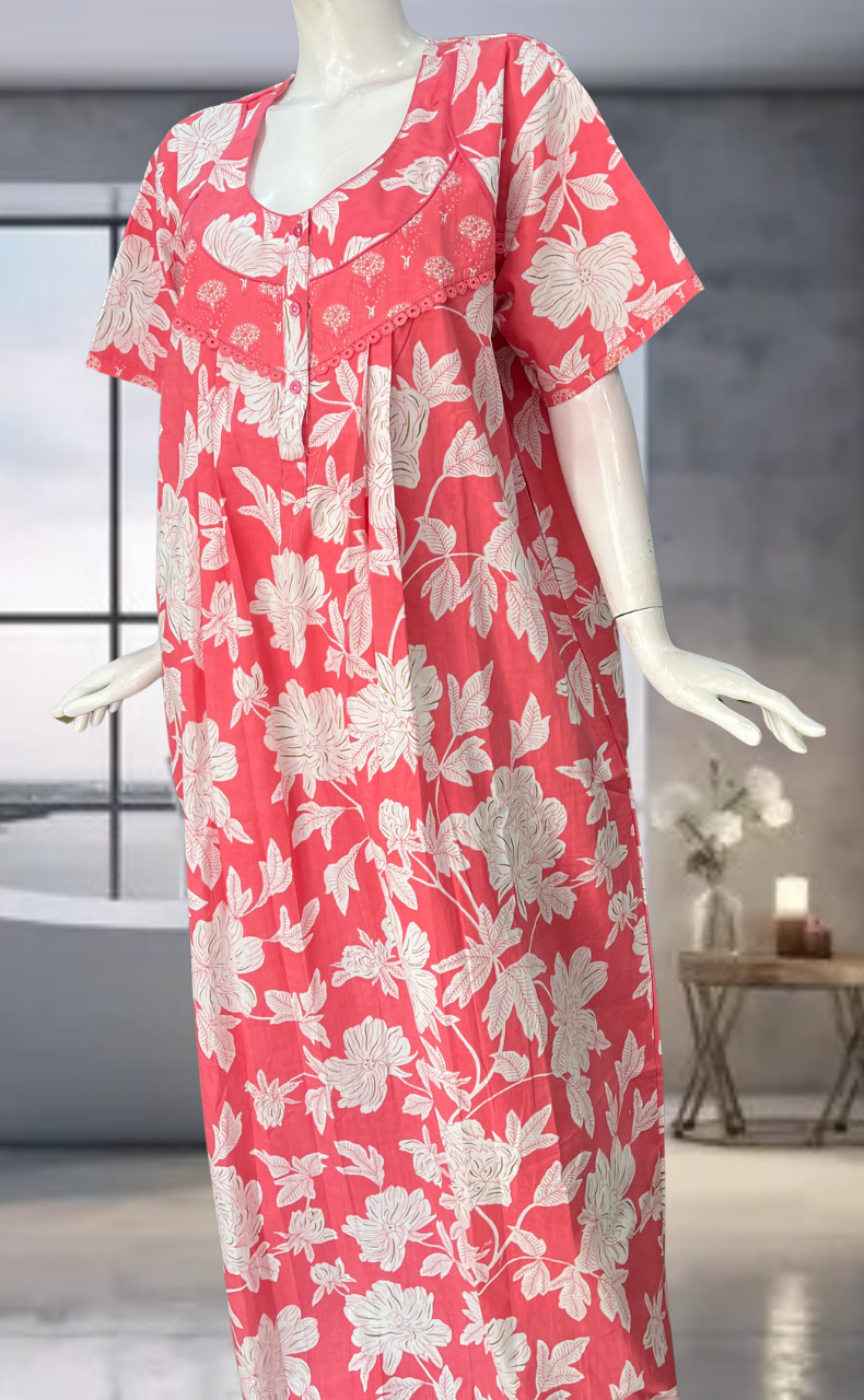 Peach Floral Pure Cotton Nighty. Pure Durable Cotton | Laces and Frills