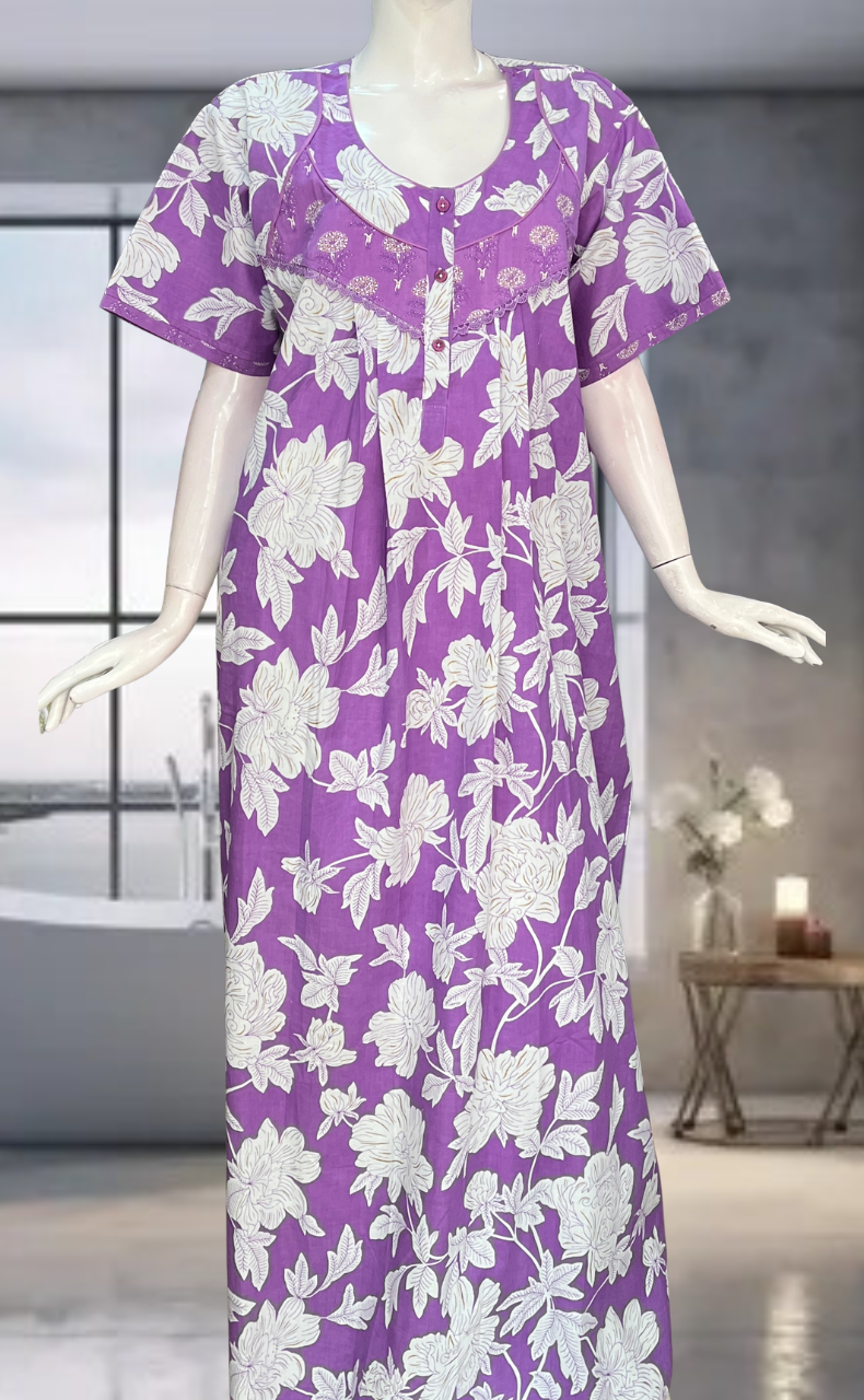 Lavender Floral Pure Cotton Nighty. Pure Durable Cotton | Laces and Frills