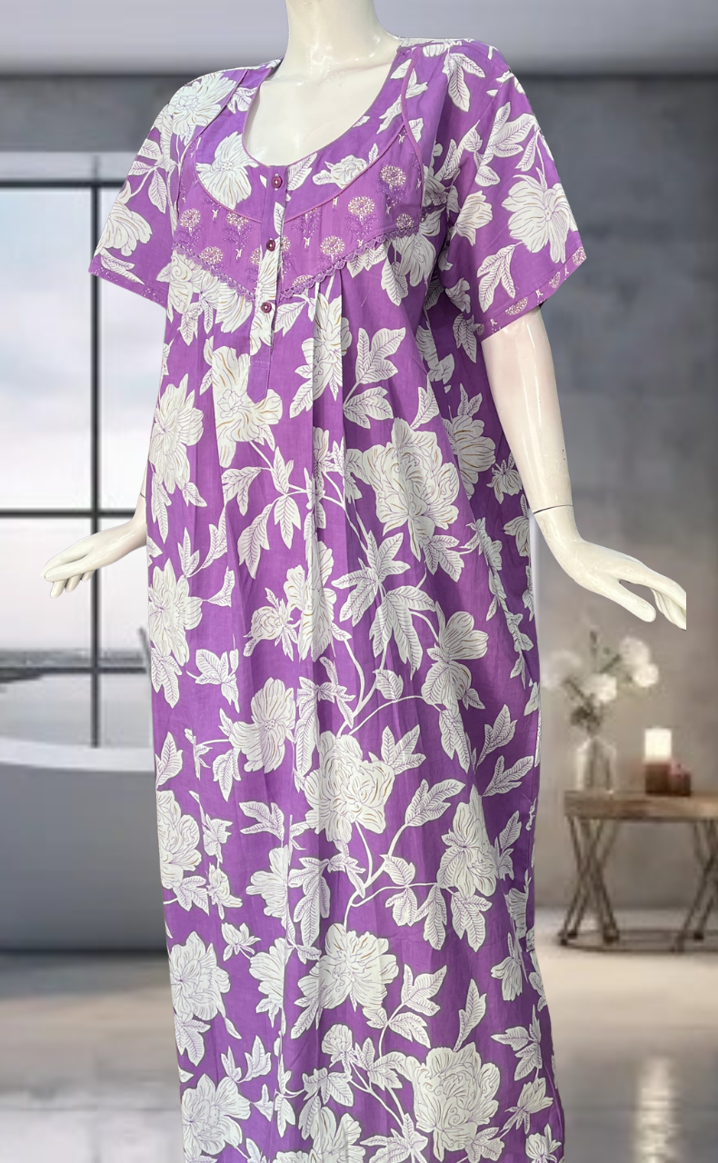 Lavender Floral Pure Cotton Nighty. Pure Durable Cotton | Laces and Frills