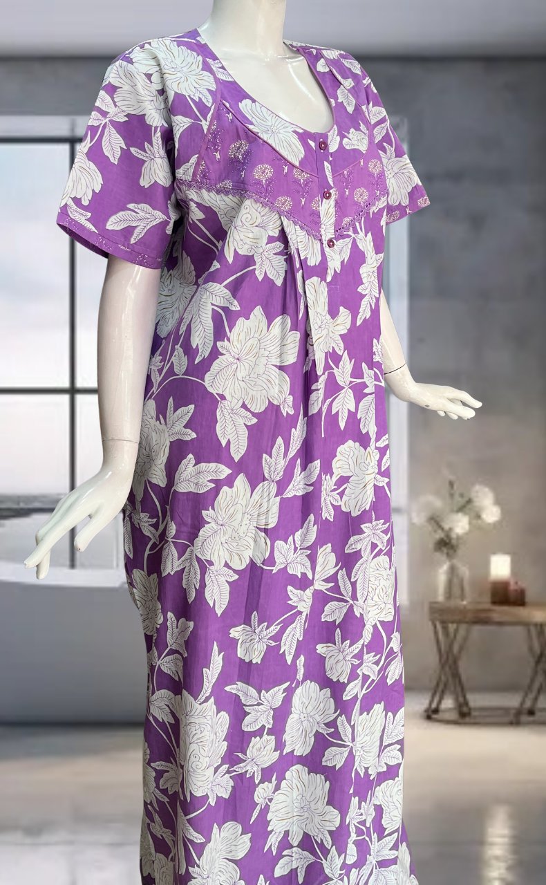 Lavender Floral Pure Cotton Nighty. Pure Durable Cotton | Laces and Frills