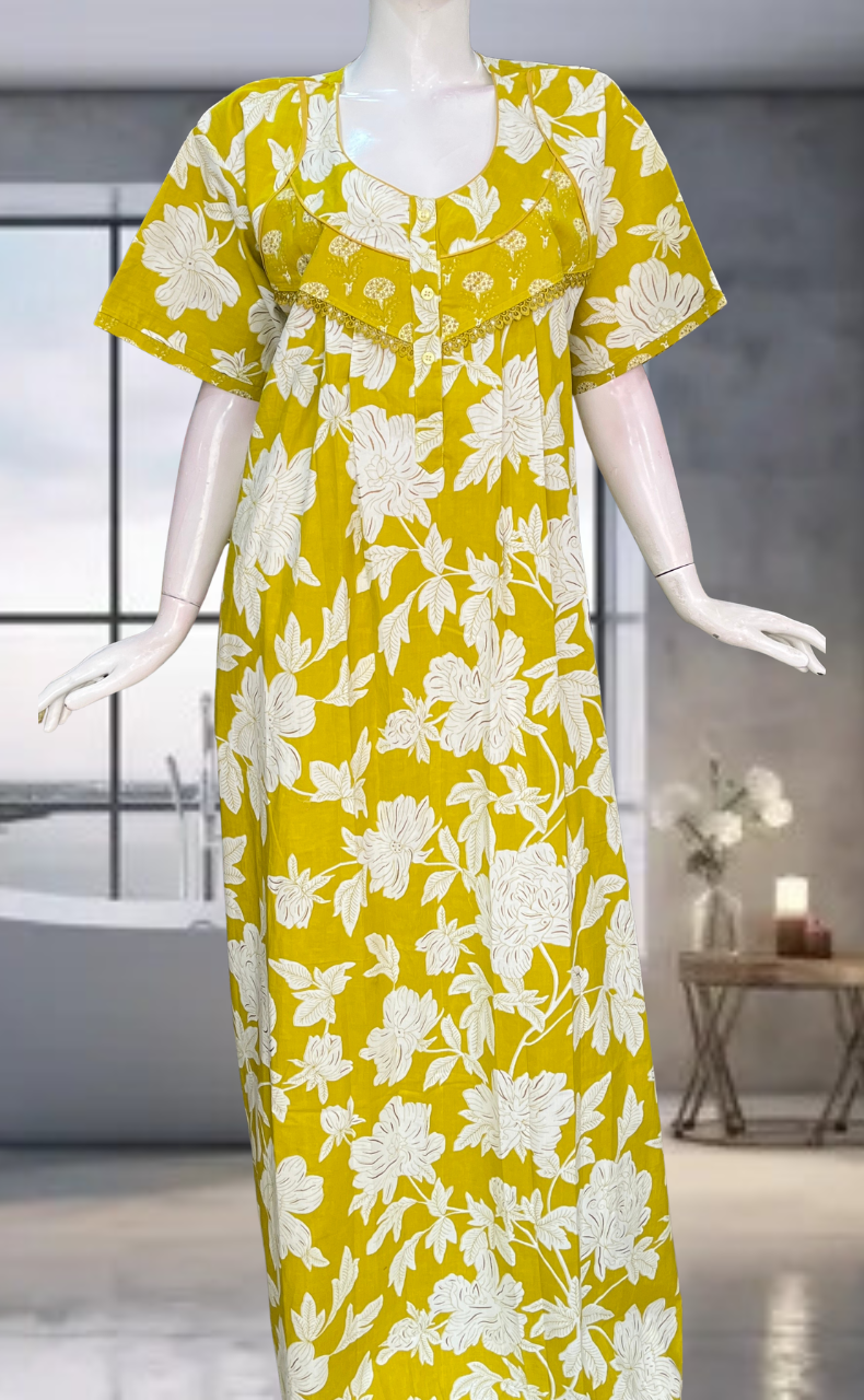 Yellow Floral Pure Cotton Nighty. Pure Durable Cotton | Laces and Frills
