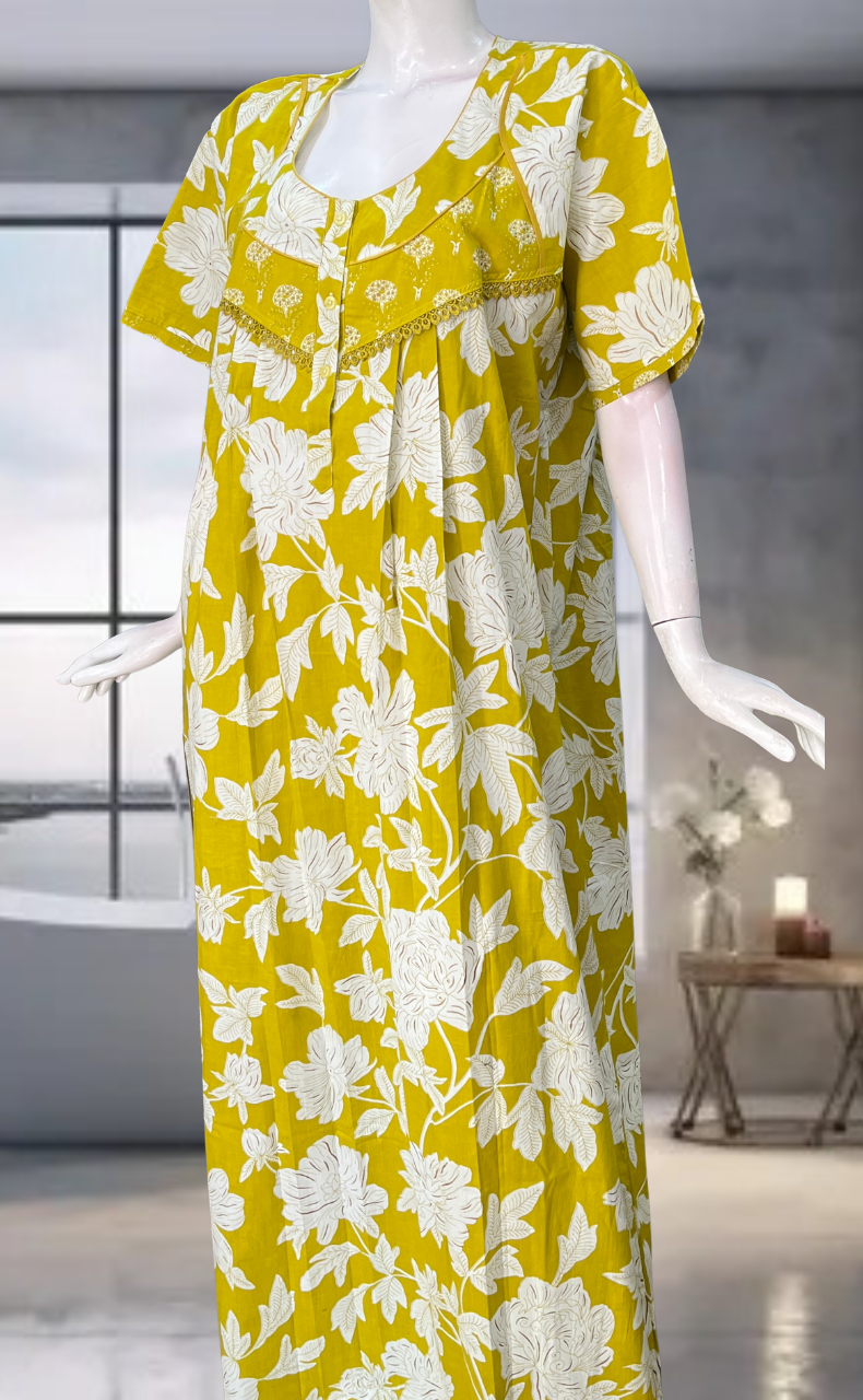 Yellow Floral Pure Cotton Nighty. Pure Durable Cotton | Laces and Frills