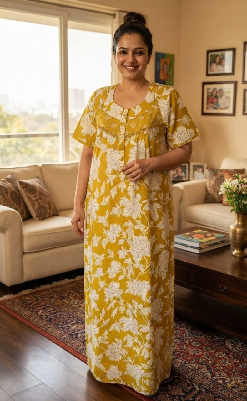 Yellow Floral Pure Cotton Nighty. Pure Durable Cotton | Laces and Frills