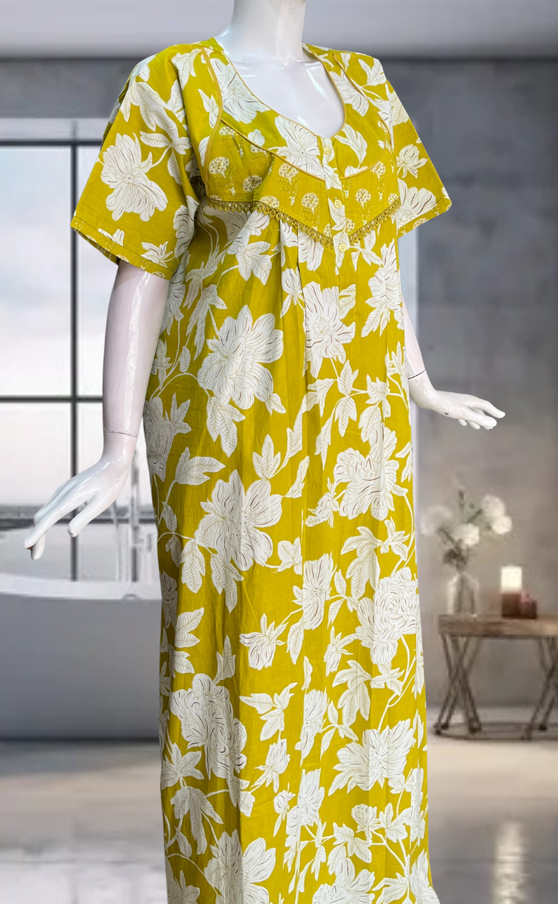 Yellow Floral Pure Cotton Nighty. Pure Durable Cotton | Laces and Frills