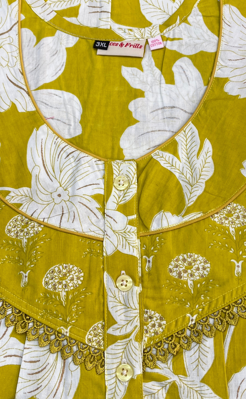 Yellow Floral Pure Cotton Nighty. Pure Durable Cotton | Laces and Frills