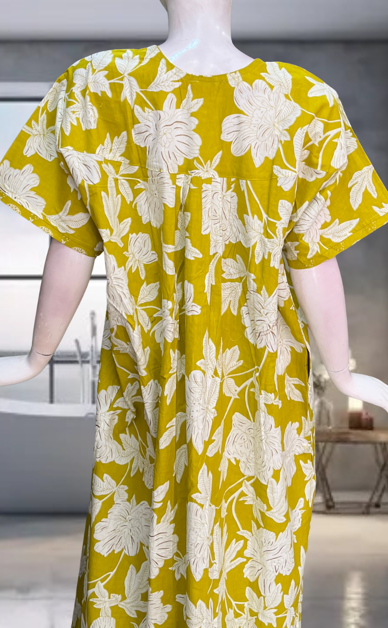 Yellow Floral Pure Cotton Nighty. Pure Durable Cotton | Laces and Frills