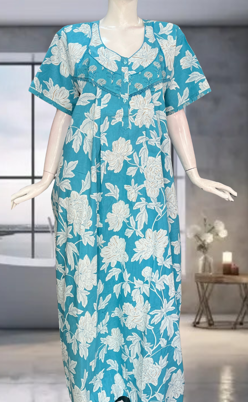 Sky Blue Floral Pure Cotton Nighty. Pure Durable Cotton | Laces and Frills