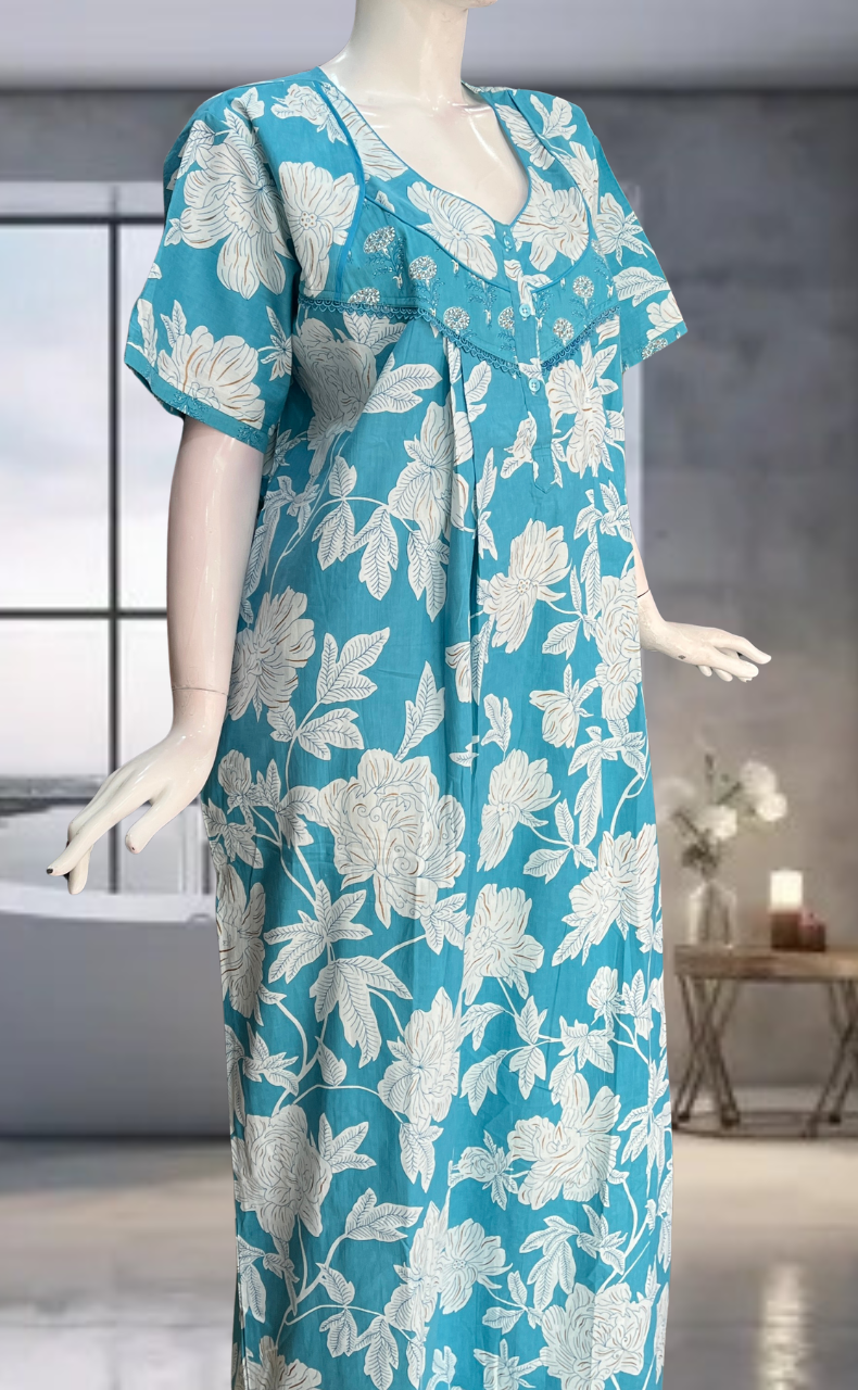 Sky Blue Floral Pure Cotton Nighty. Pure Durable Cotton | Laces and Frills