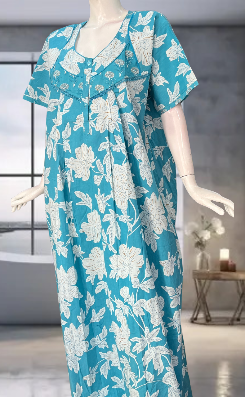 Sky Blue Floral Pure Cotton Nighty. Pure Durable Cotton | Laces and Frills