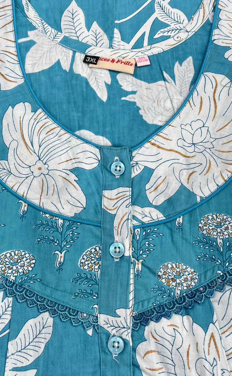 Sky Blue Floral Pure Cotton Nighty. Pure Durable Cotton | Laces and Frills