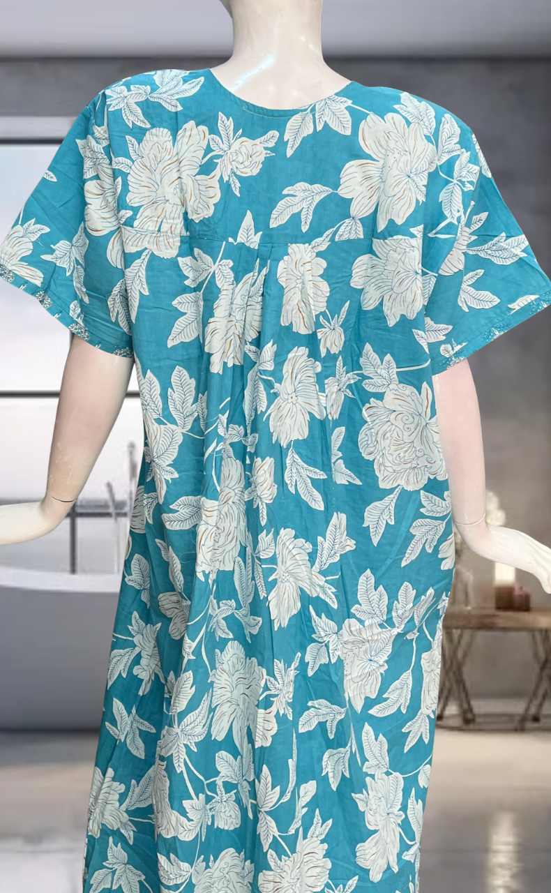 Sky Blue Floral Pure Cotton Nighty. Pure Durable Cotton | Laces and Frills