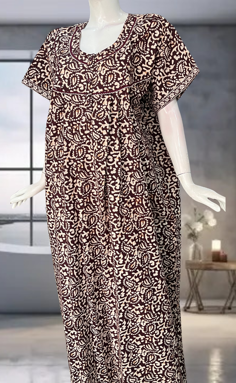 Maroon Batik Pure Cotton Nighty. Pure Durable Cotton | Laces and Frills