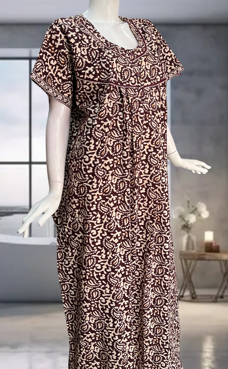 Maroon Batik Pure Cotton Nighty. Pure Durable Cotton | Laces and Frills