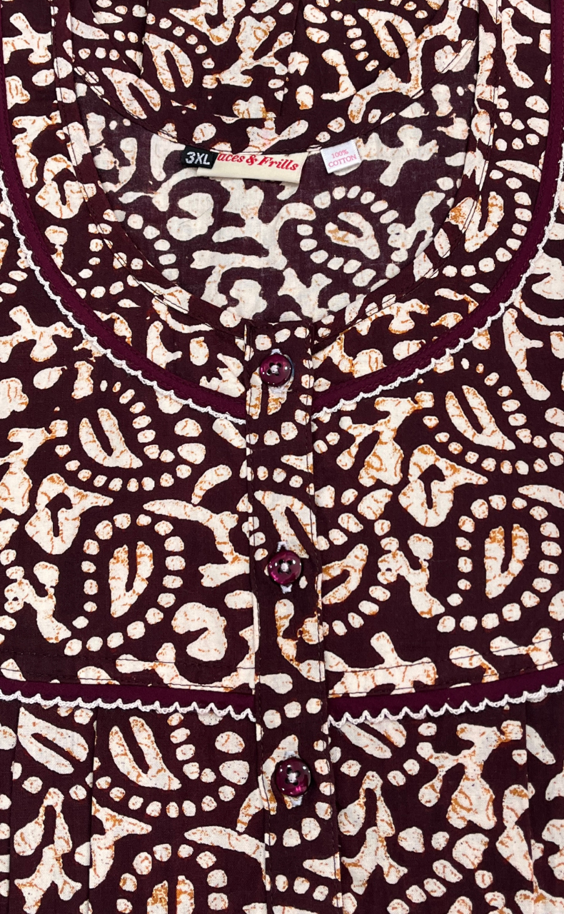 Maroon Batik Pure Cotton Nighty. Pure Durable Cotton | Laces and Frills