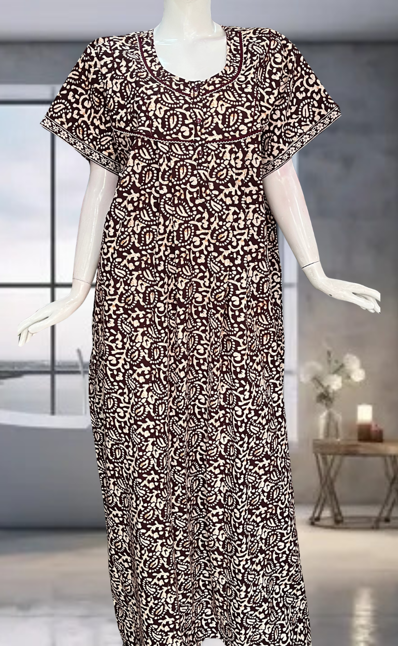 Maroon Batik Pure Cotton Nighty. Pure Durable Cotton | Laces and Frills