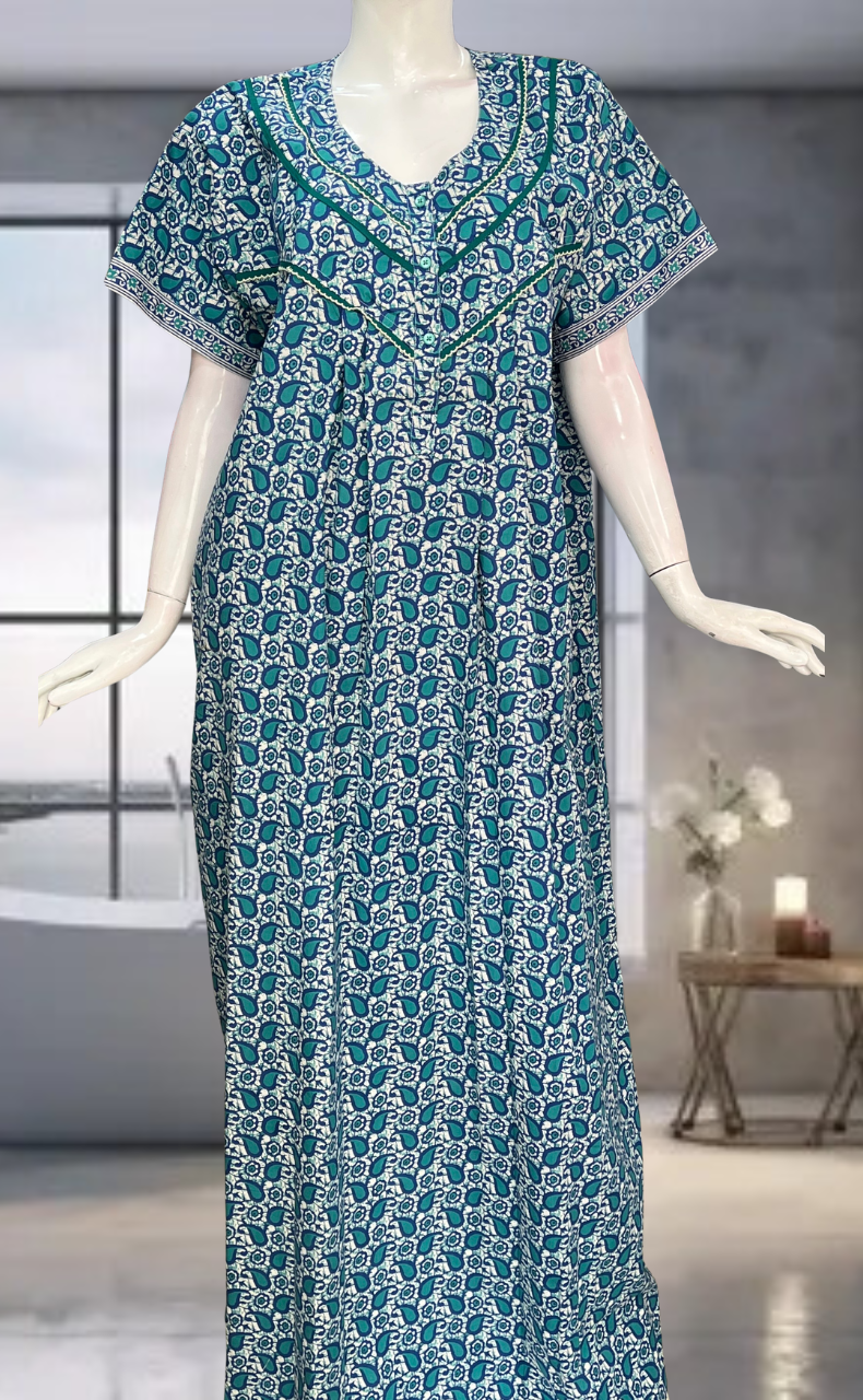 Blue Paisley Print Pure Cotton Nighty. Pure Durable Cotton | Laces and Frills