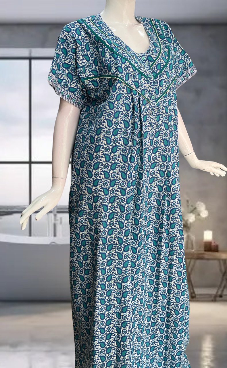 Blue Paisley Print Pure Cotton Nighty. Pure Durable Cotton | Laces and Frills