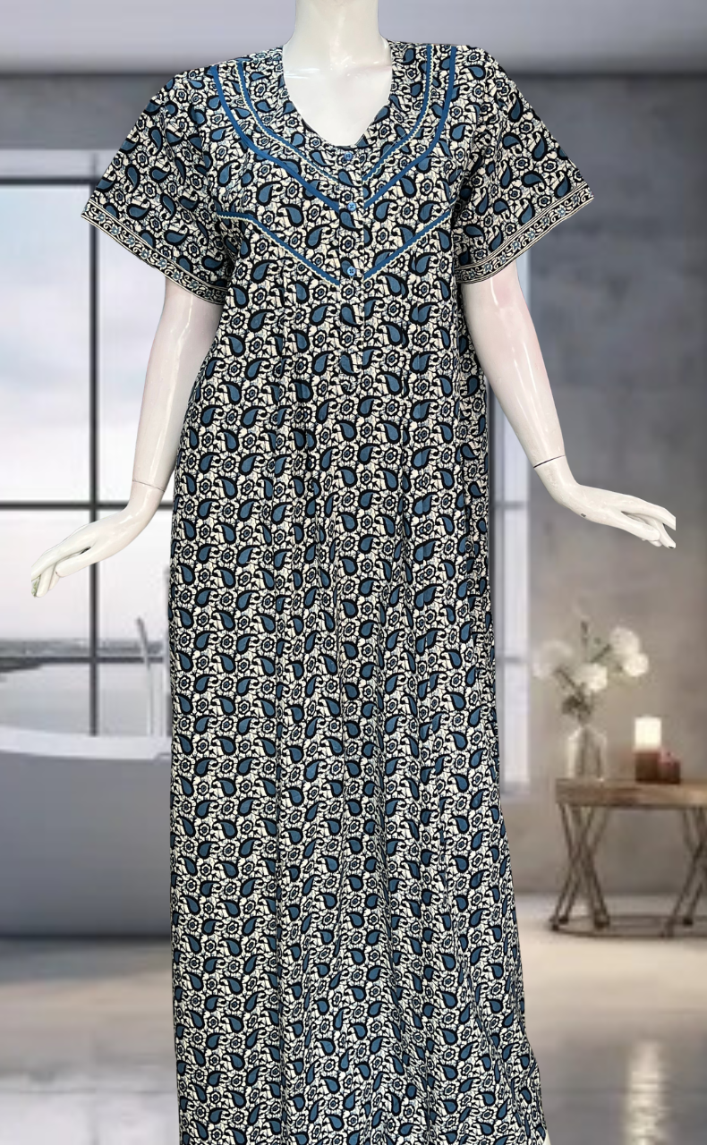 Black Paisley Print Pure Cotton Nighty. Pure Durable Cotton | Laces and Frills