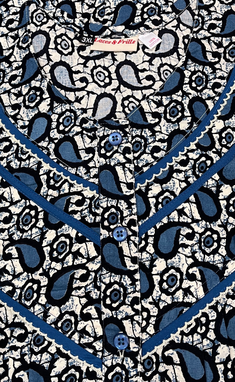 Black Paisley Print Pure Cotton Nighty. Pure Durable Cotton | Laces and Frills