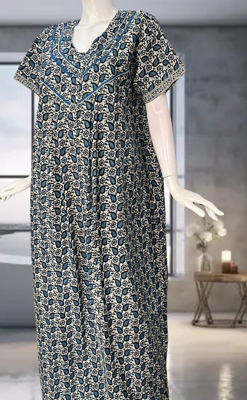 Black Paisley Print Pure Cotton Nighty. Pure Durable Cotton | Laces and Frills