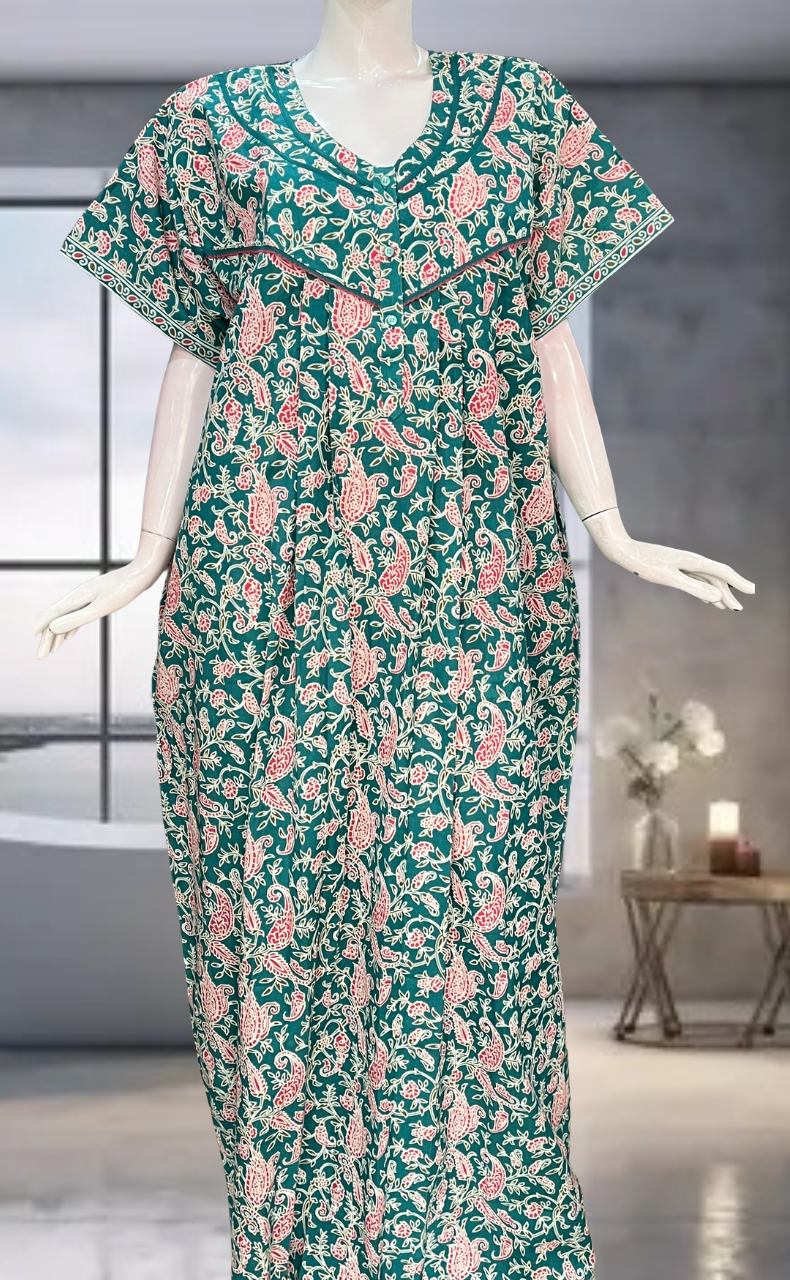 Sea Green Garden Pure Cotton Nighty. Pure Durable Cotton | Laces and Frills