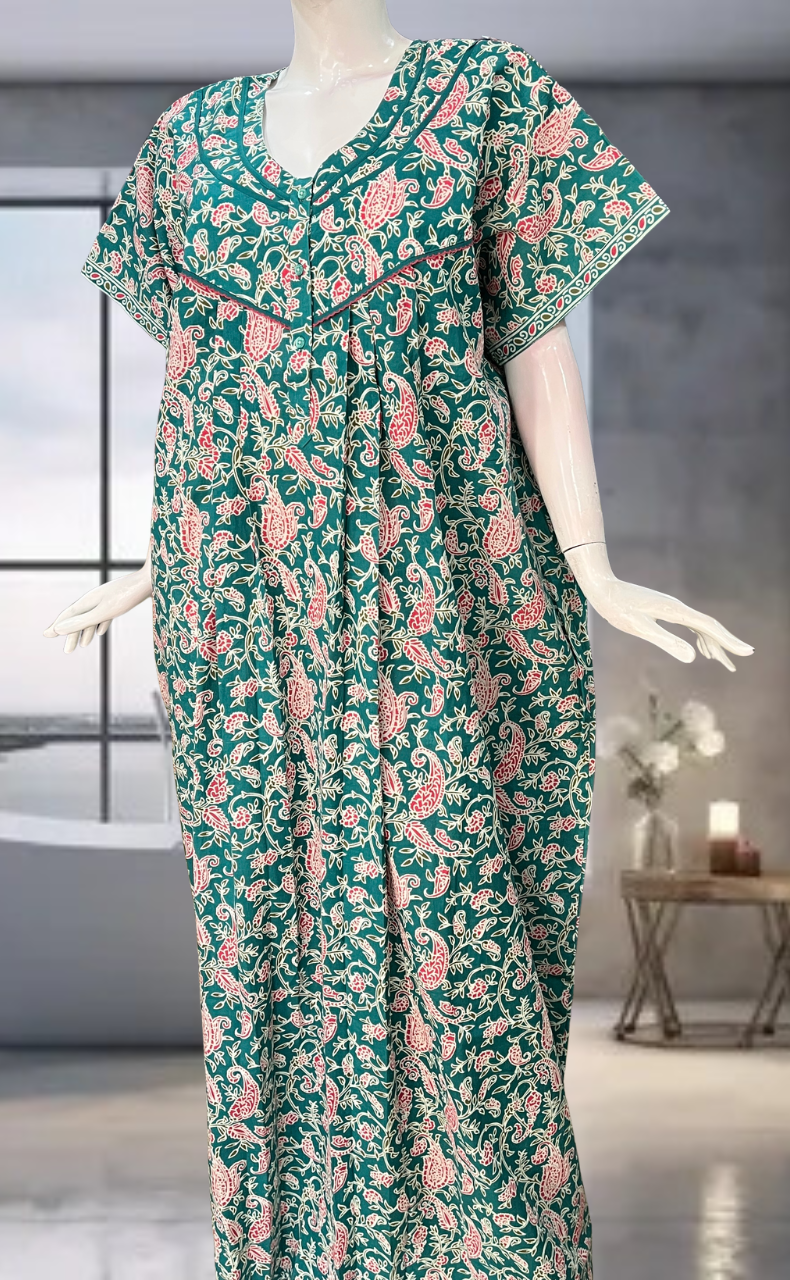 Sea Green Garden Pure Cotton Nighty. Pure Durable Cotton | Laces and Frills